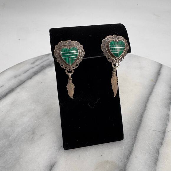 sterling Jewelry - Vintage sterling silver Western Malachite heart stud earrings